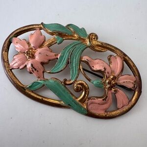 Antique Large Art Nouveau Floral Brooch Pink & Green Enamel C Clasp Pin